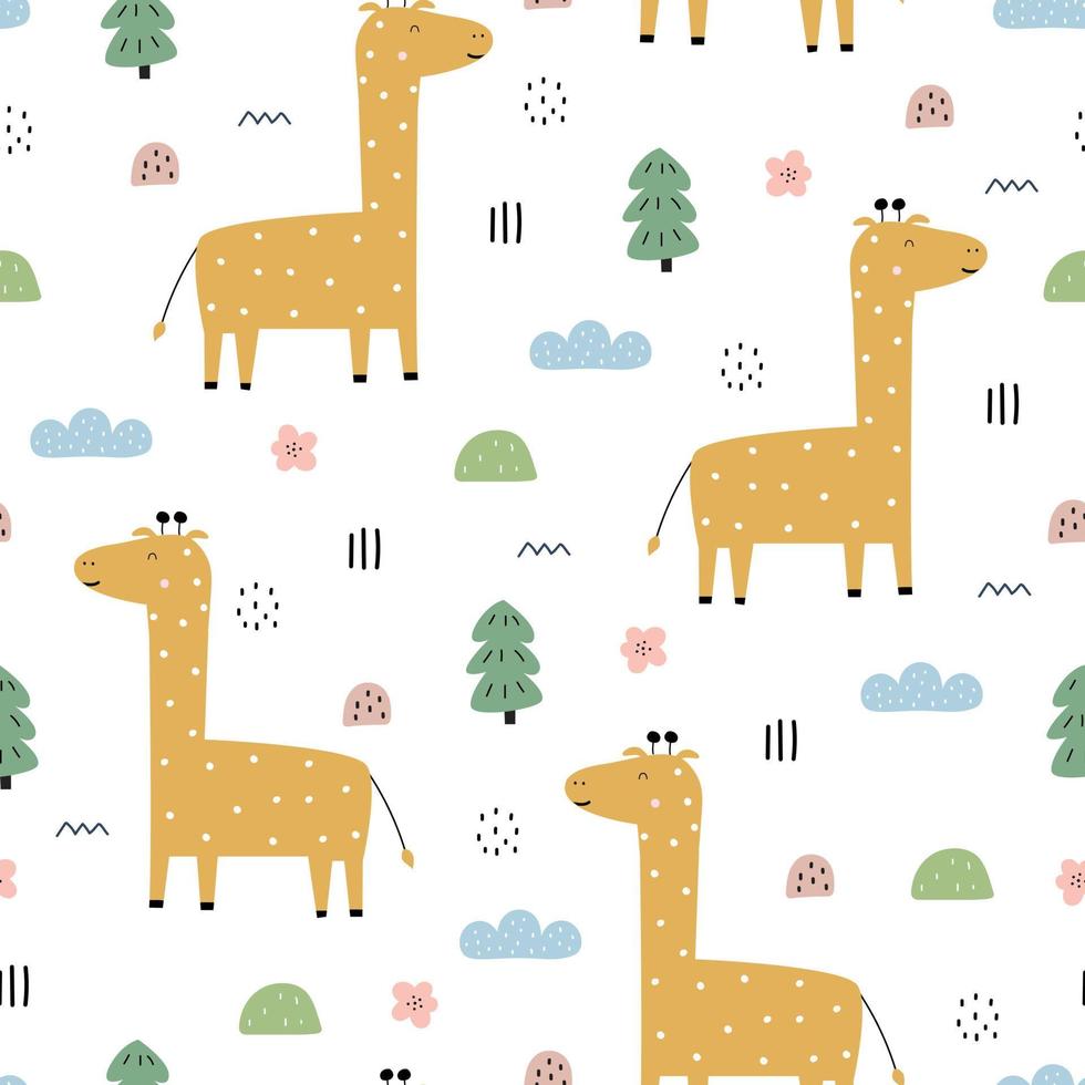 Seamless pattern Cartoon animal background with giraffe and trees Hand drawn design in cartoon style, use for print, fabric pattern, wallpaper, decoration. Vector illustration