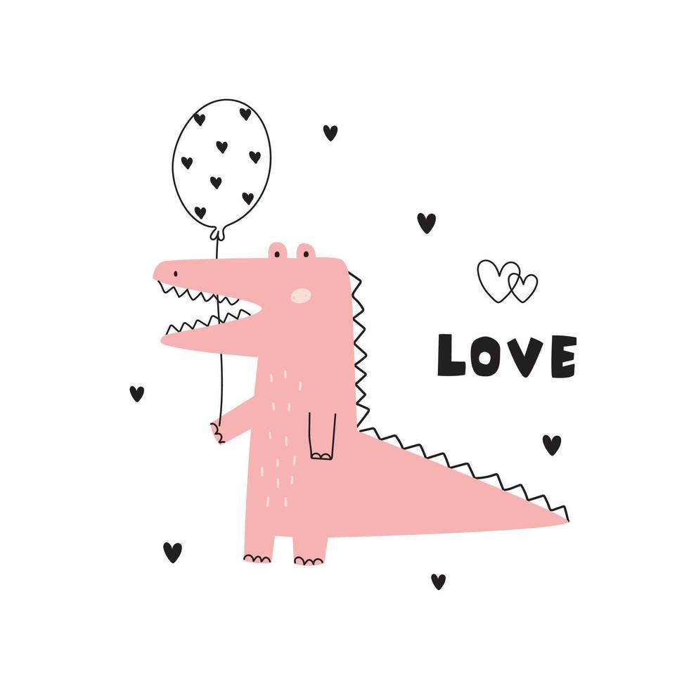 un cocodrilo rosa sosteniendo un globo blanco con un fondo de dibujos animados de patrón de corazón para la ilustración de vector de día de san valentín