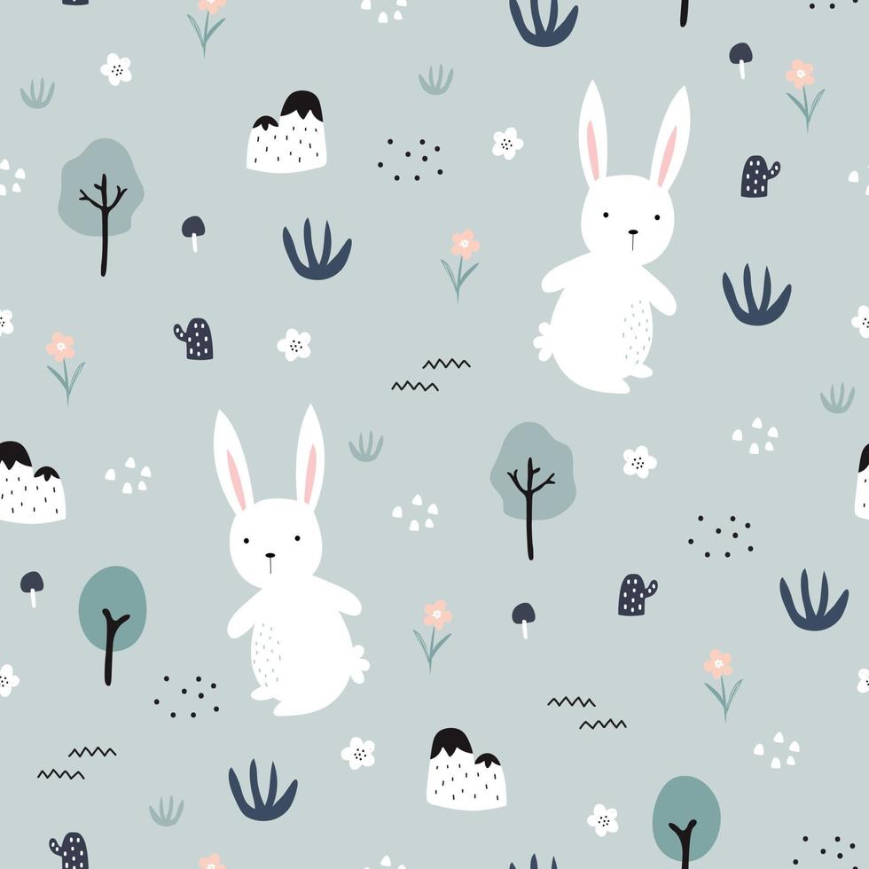 White rabbit with trees and flowers Seamless pattern cute cartoon animal background hand drawn in kid style The design used for Print, wallpaper, decoration, fabric, textile Vector illustration