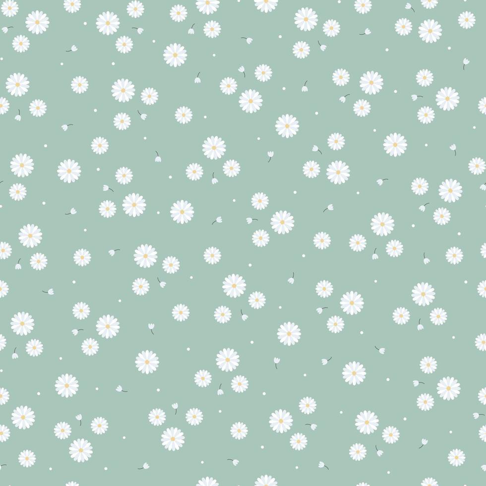 Seamless pattern White flowers on green background Hand drawn design in cartoon style, use for print, poster, wrapping paper, clothing, textiles. Vector illustration.