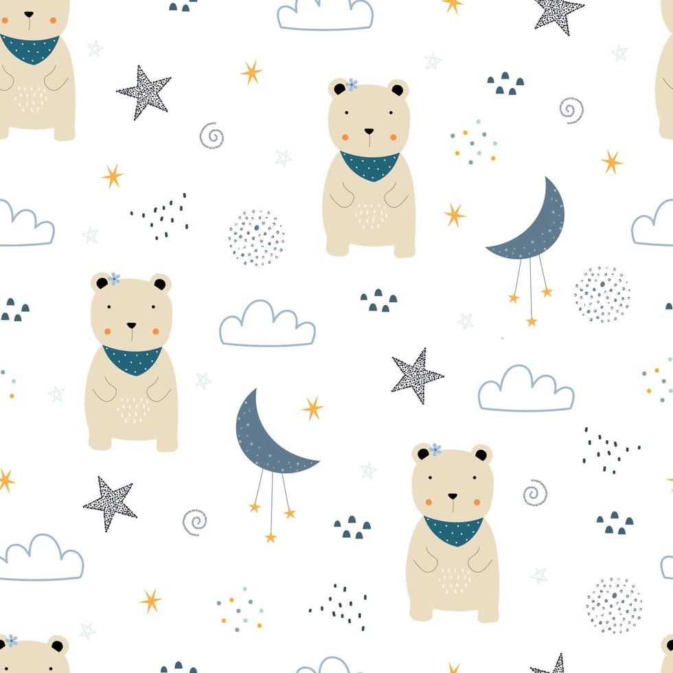 Bear with the sky and stars Seamless pattern Cute cartoon animal background hand-drawn in children's style for print, wallpaper, decorative, fabric, textile. Vector illustration