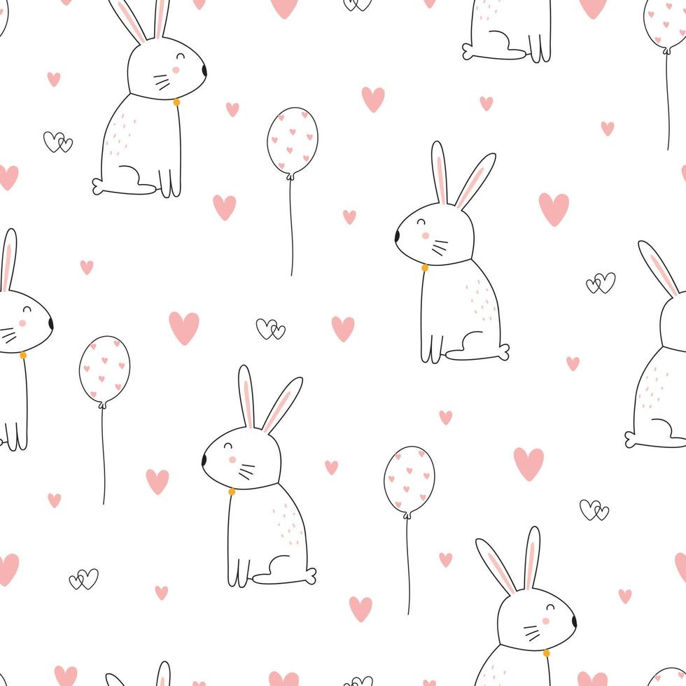 Seamless pattern cute cartoon animal background with a rabbit with heart balloons Hand drawn design in kid style, use for print, wallpaper, decoration, textile. Vector illustration