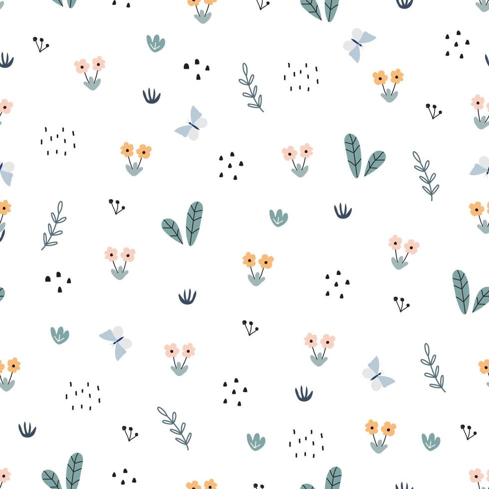 Seamless pattern with flower with the butterfly on white background Hand drawn design in cartoon style, use for print, wallpaper, clothes, fashion, textiles. Vector illustration