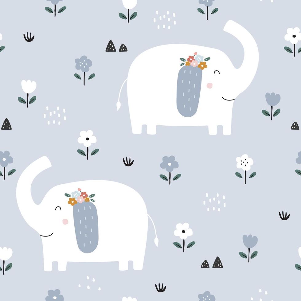 The little elephant in flower garden seamless pattern cute animal cartoon background Hand drawn design in kid style, use for print, wallpaper, decoration, textile. Vector illustration