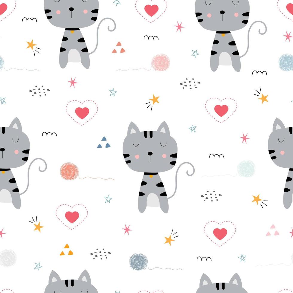 Cute cat with heart icon Seamless pattern hand drawn in childish style, use for print, wallpaper, fabric pattern, textiles. Vector illustration