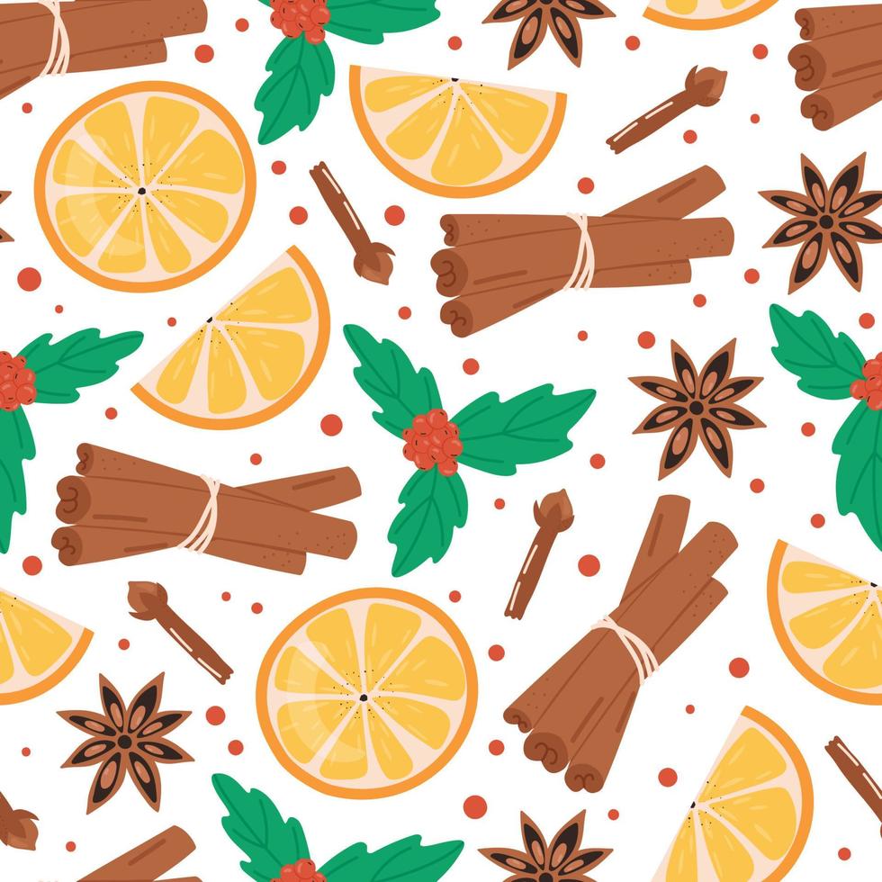 Christmas seamless pattern. Cinnamon, orange, clove, anise and mistletoe. Winter holidays concept. vector