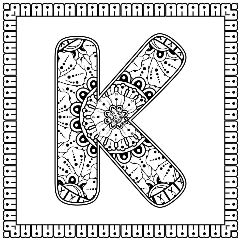 Letter K made of flowers in mehndi style. coloring book page. outline hand-draw vector illustration.