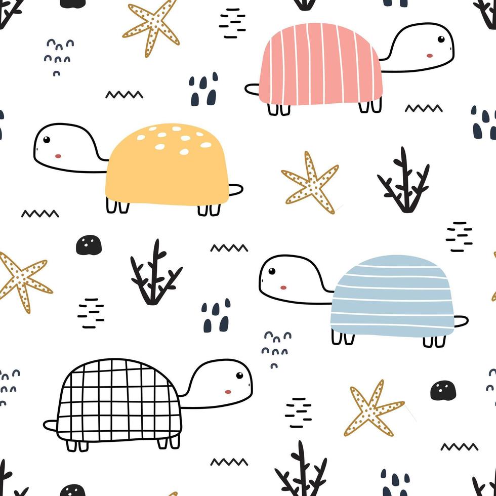 Turtle seamless pattern cute cartoon animal background for kids Hand drawn design in cartoon style. Use for fabric, textile, print, wallpaper, vector illustration.