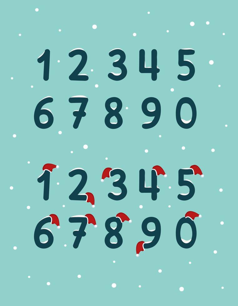 Numbers with snow and red Santa Claus hat. Festive font for Christmas, New Year and congratulations for winter holidays vector