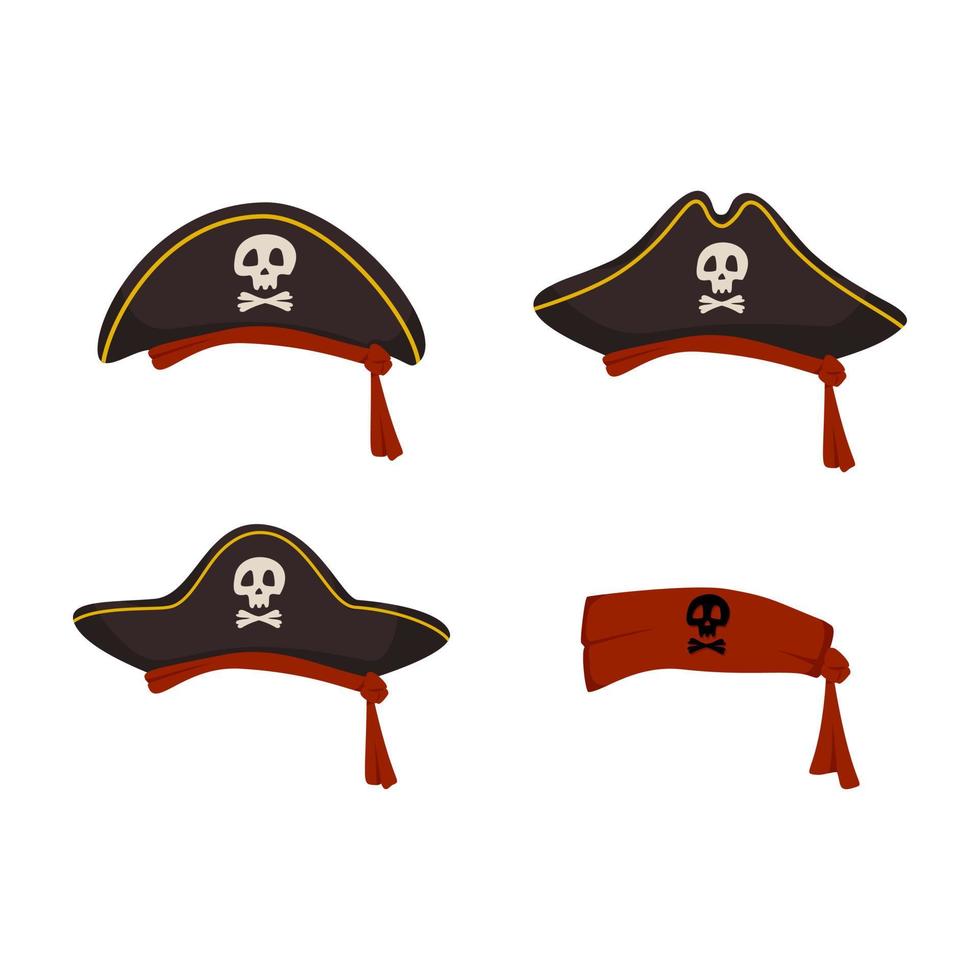 Set of Pirate cocked hat with skull and crossbones and bandana. Festive headdress for masquerade, carnival or holiday vector