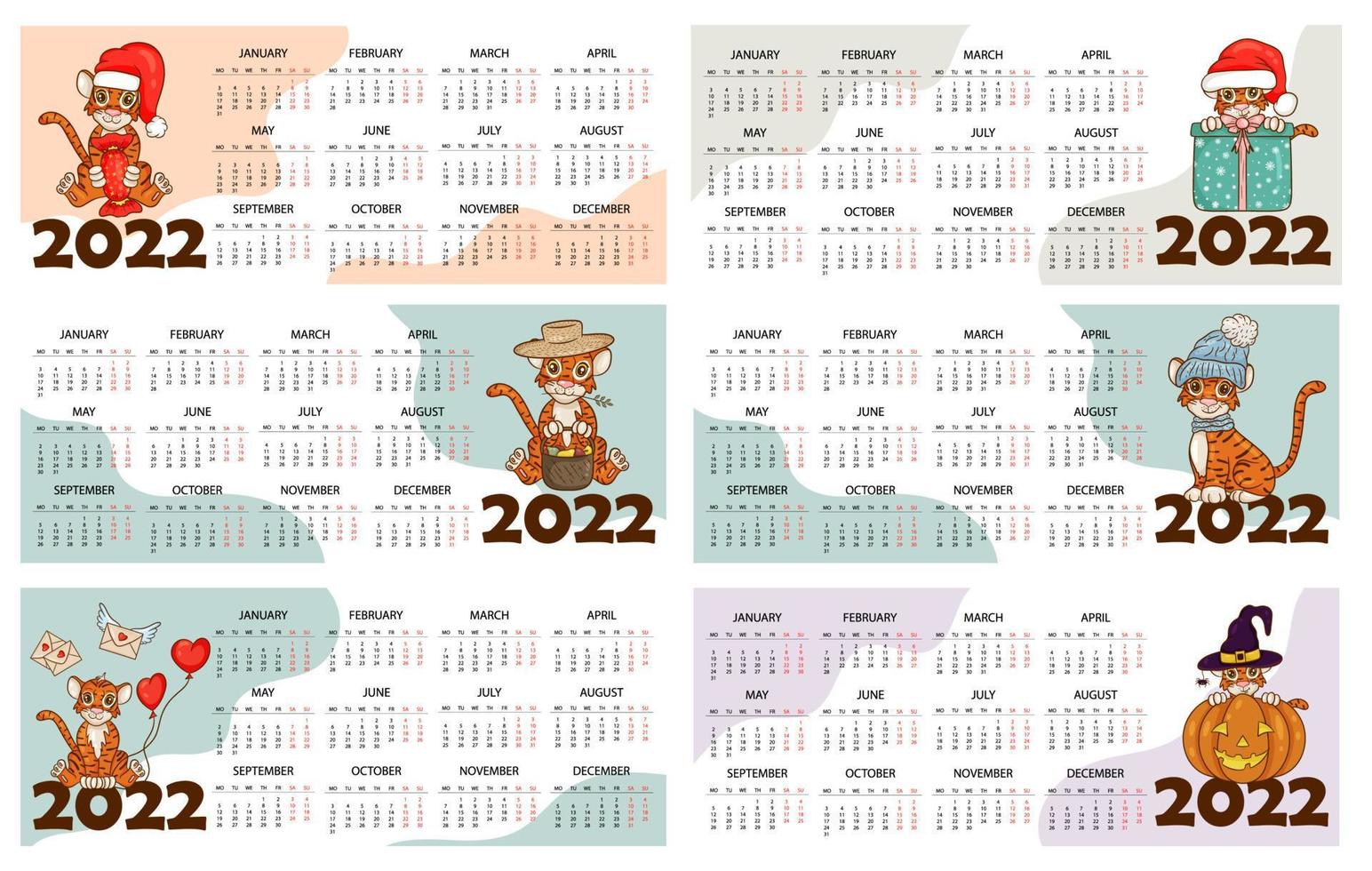 plantilla de diseño de calendario para 2022, el año del tigre según el calendario chino o oriental, con una ilustración del tigre. tabla horizontal con calendario para 2022. vector