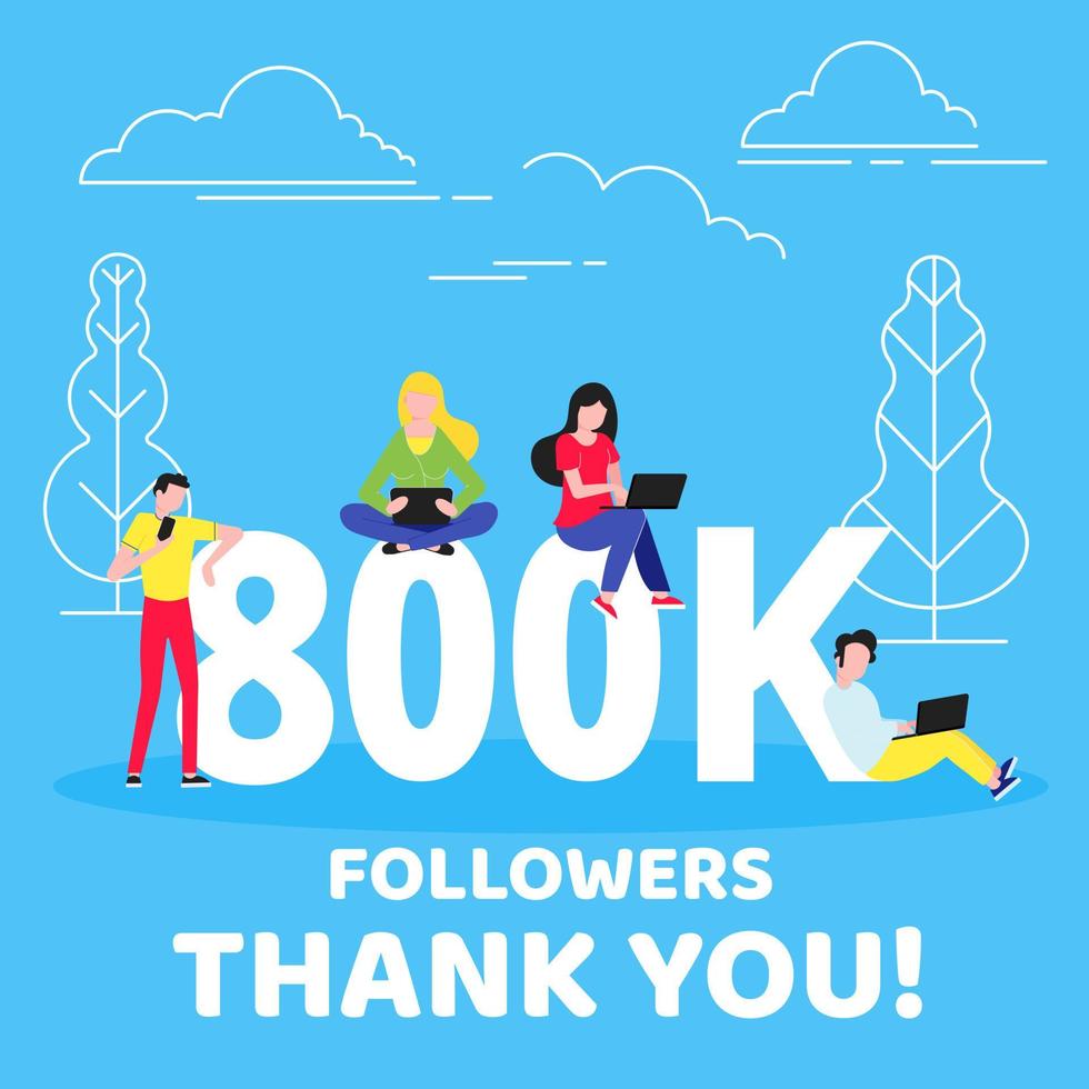 Thank you 800000 followers numbers postcard. People man, woman big numbers flat style design 800k thanks vector illustration isolated on blue background. Template for internet media and social network
