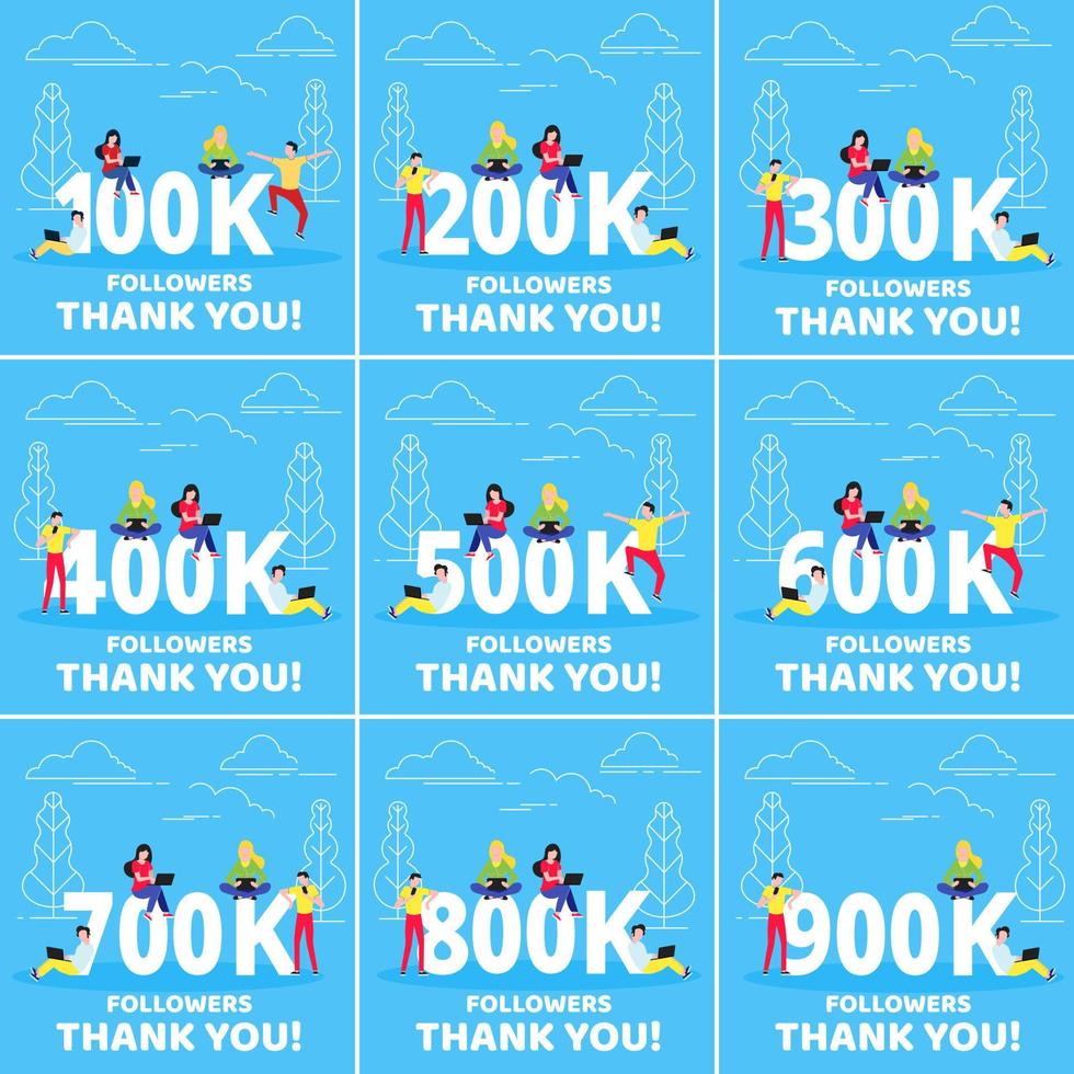 Thank you 100-900k followers numbers postcard set. Template for internet media and social network. vector