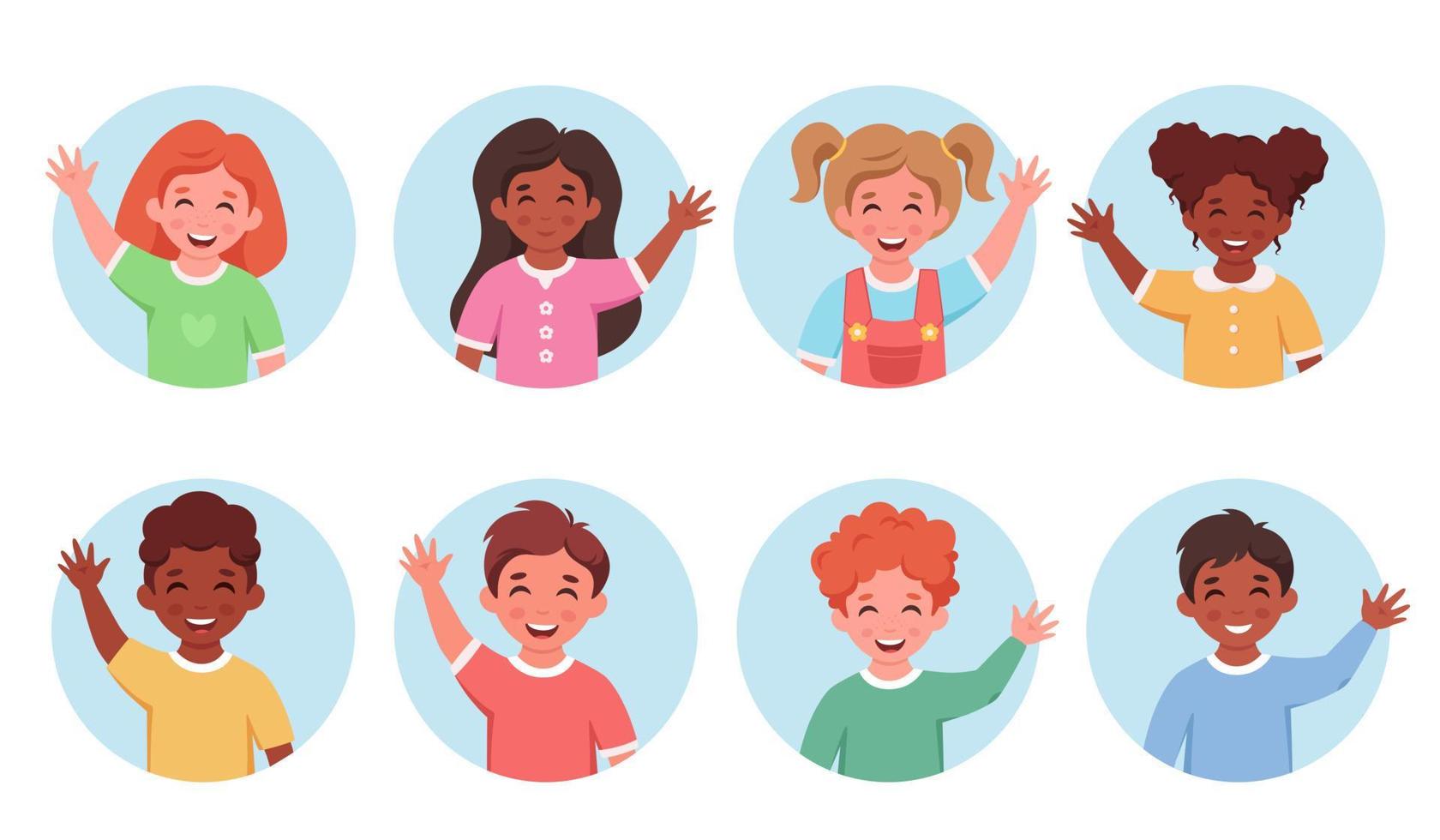 Children of different nationalities smiling and waving hands. vector