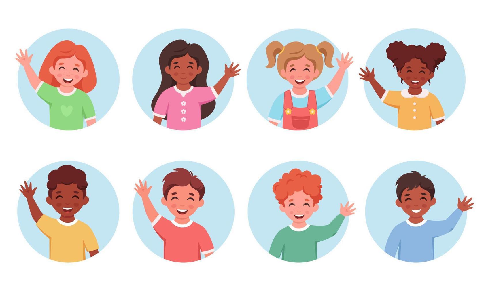 niños de diferentes nacionalidades sonriendo y saludando con la mano. vector