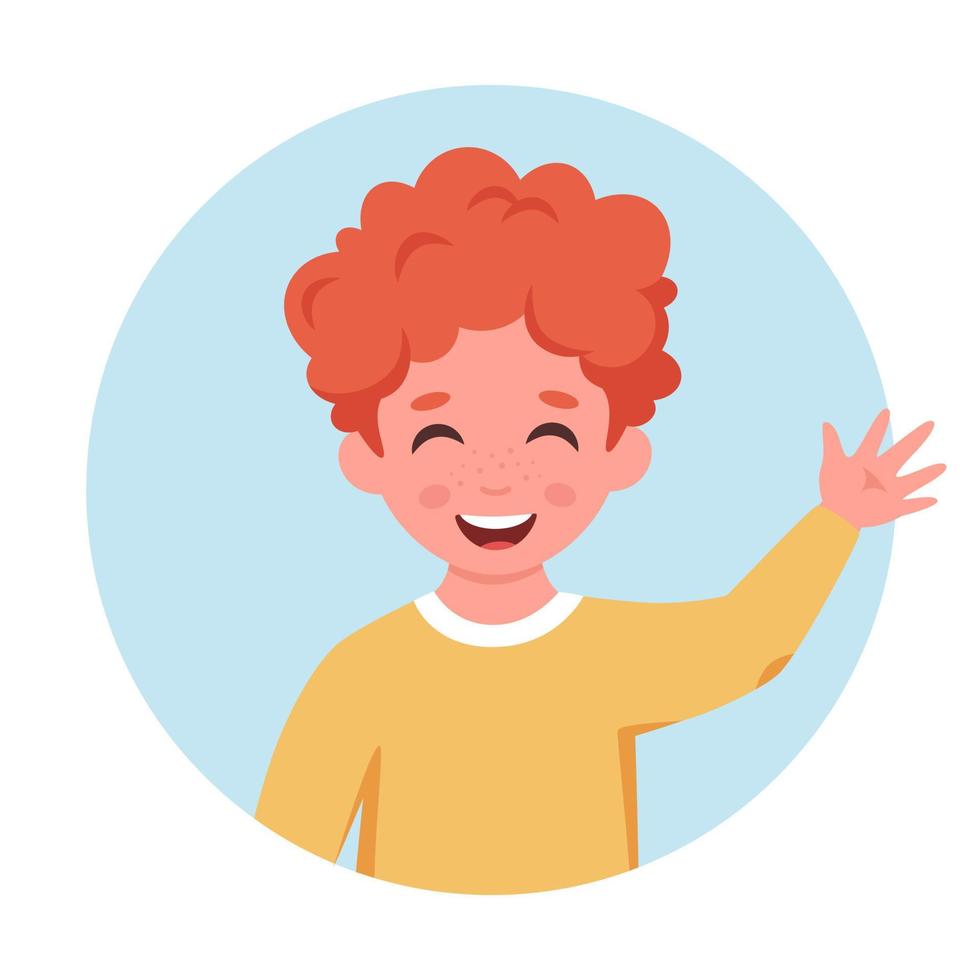 niño sonriendo y saludando con la mano. retrato de niño pequeño en forma circular vector