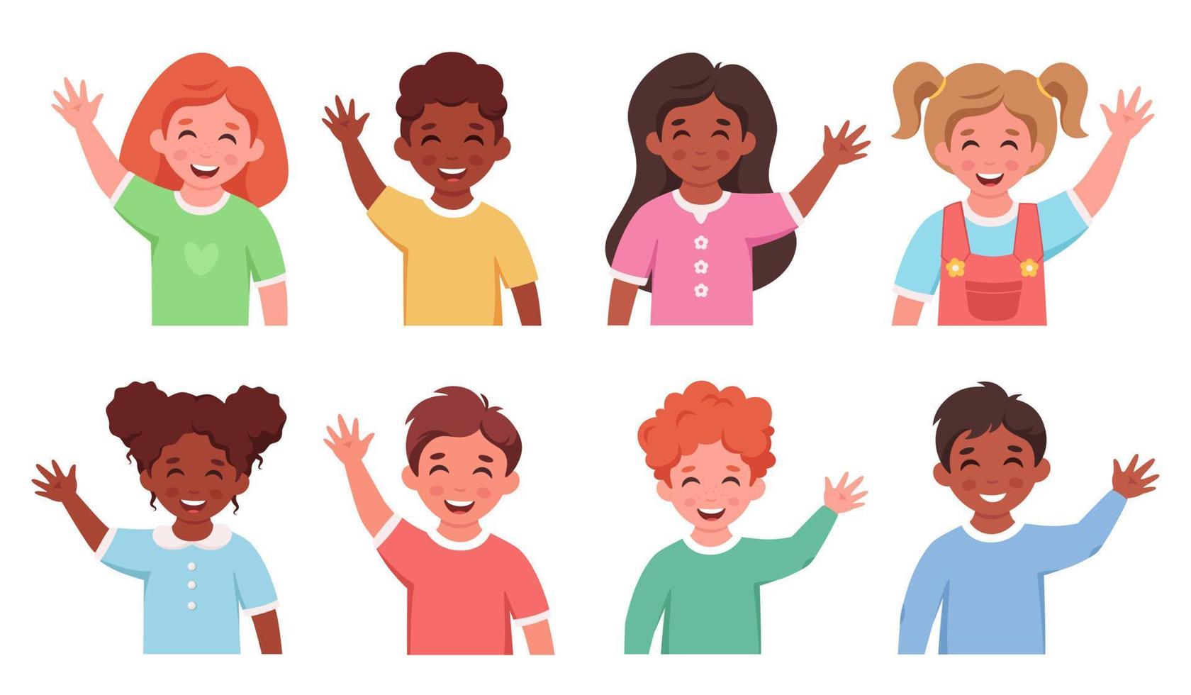 niños de diferentes nacionalidades sonriendo y saludando con la mano. vector