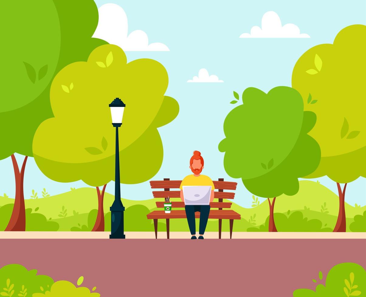 Red haired man sitting with laptop in the park. Freelance, remote work vector