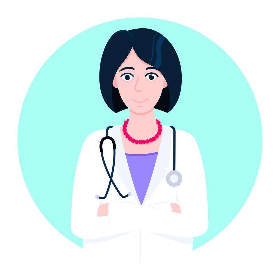 Doctor avatar personaje de pie en la ilustración de vector de diseño de estilo plano de círculo aislado sobre fondo blanco. icono de empleado del personal del hospital de la clínica médica.