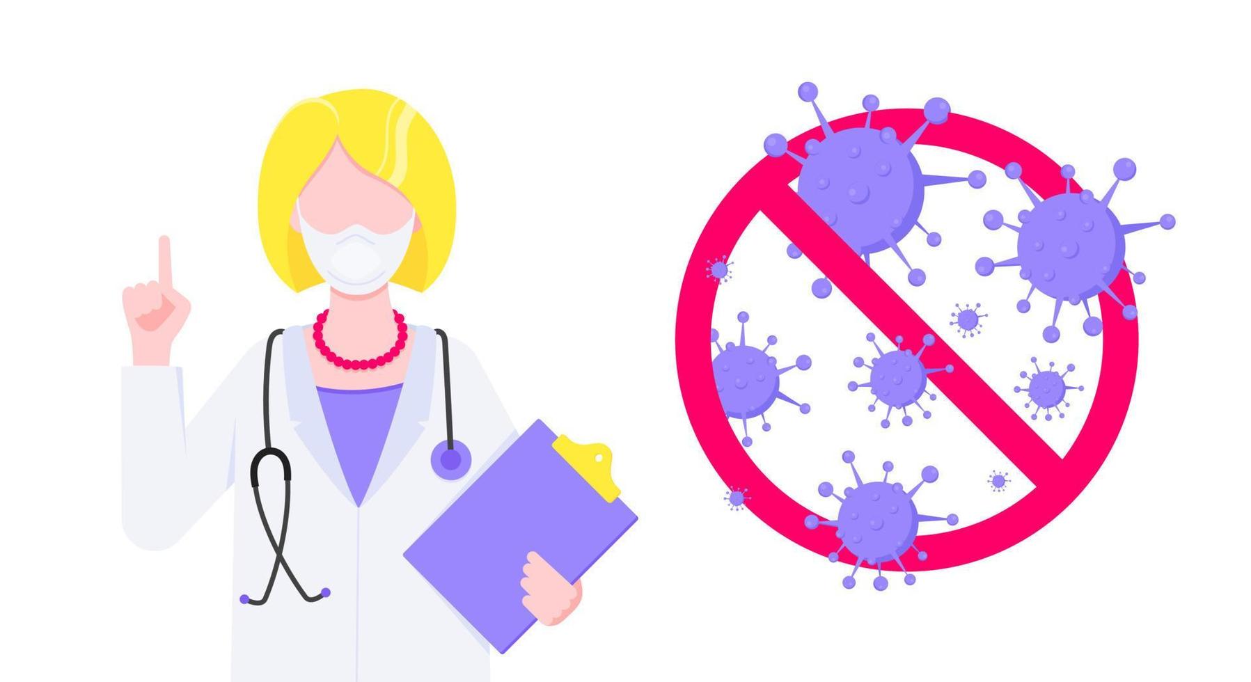 Stop virus vaccination banner concept flat style design poster. Doctor employee on it holding clipboard with stop viruses sign isolated on background. Medical awareness flu, polio influenza banner. vector