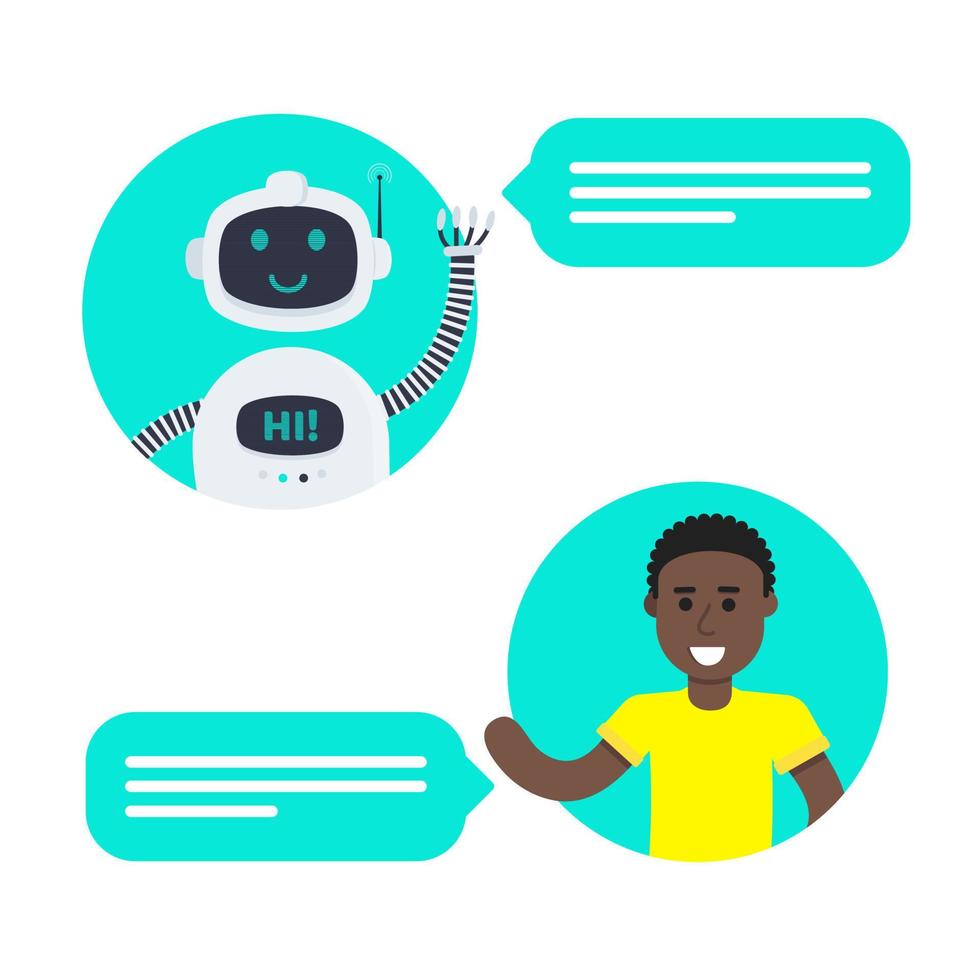 Robot chatbot head icon sign in the speech bubble talking with boy. vector
