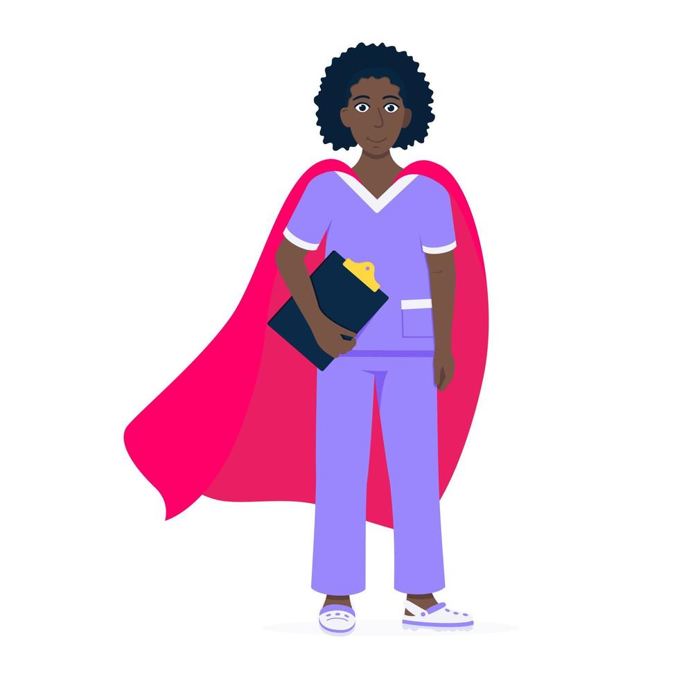 Young female nurse hospital medical employee with hero cape behind fights against diseases and viruses on frontline flat style vector illustration. Future doctor or surgeon medical clinic new hero.
