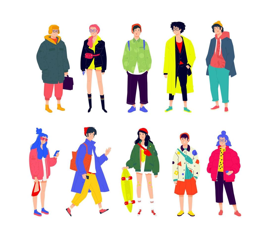 ilustración de una gente joven de moda. vector. niñas y niños con ropa moderna de moda. una generación de melliniales y hipsters con teléfonos. compradores y adictos a las compras. vector