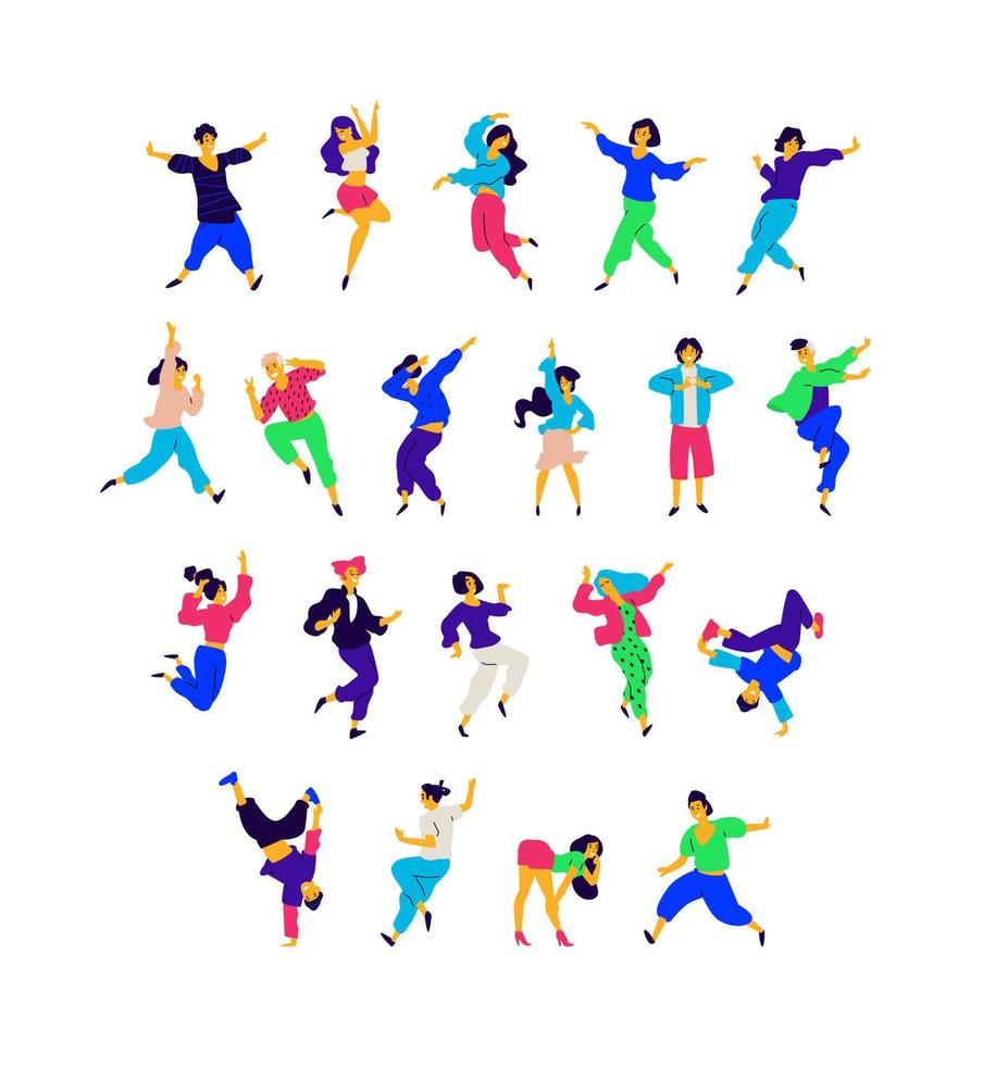 un grupo de personas bailando en diferentes poses y emociones. vector. ilustraciones de hombres y mujeres. estilo plano un grupo de adolescentes felices bailan y se divierten. figura para embalaje. vector