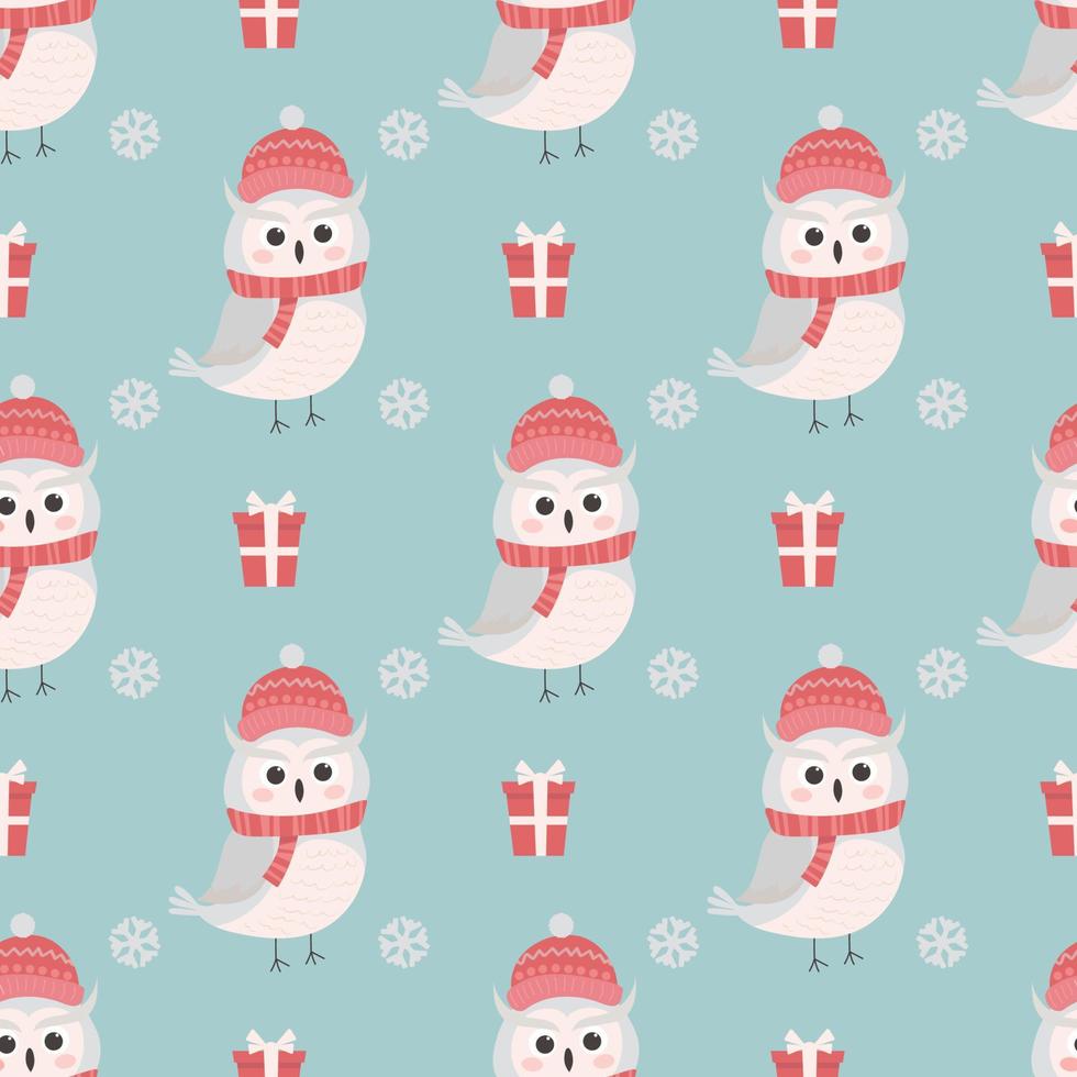 Christmas seamless pattern with cute polar owl. The illustration is perfect for baby textiles and wrapping paper. vector