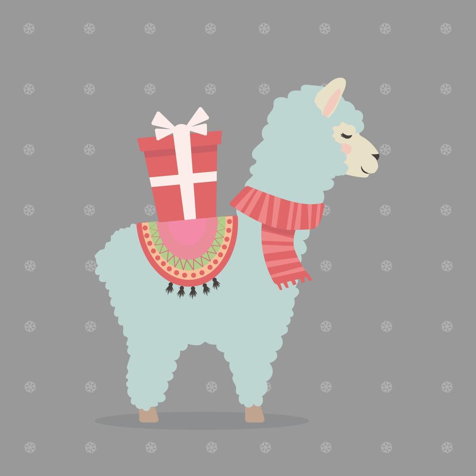 Cute Christmas llama or alpaca with a gift. Christmas and New Year concept. vector