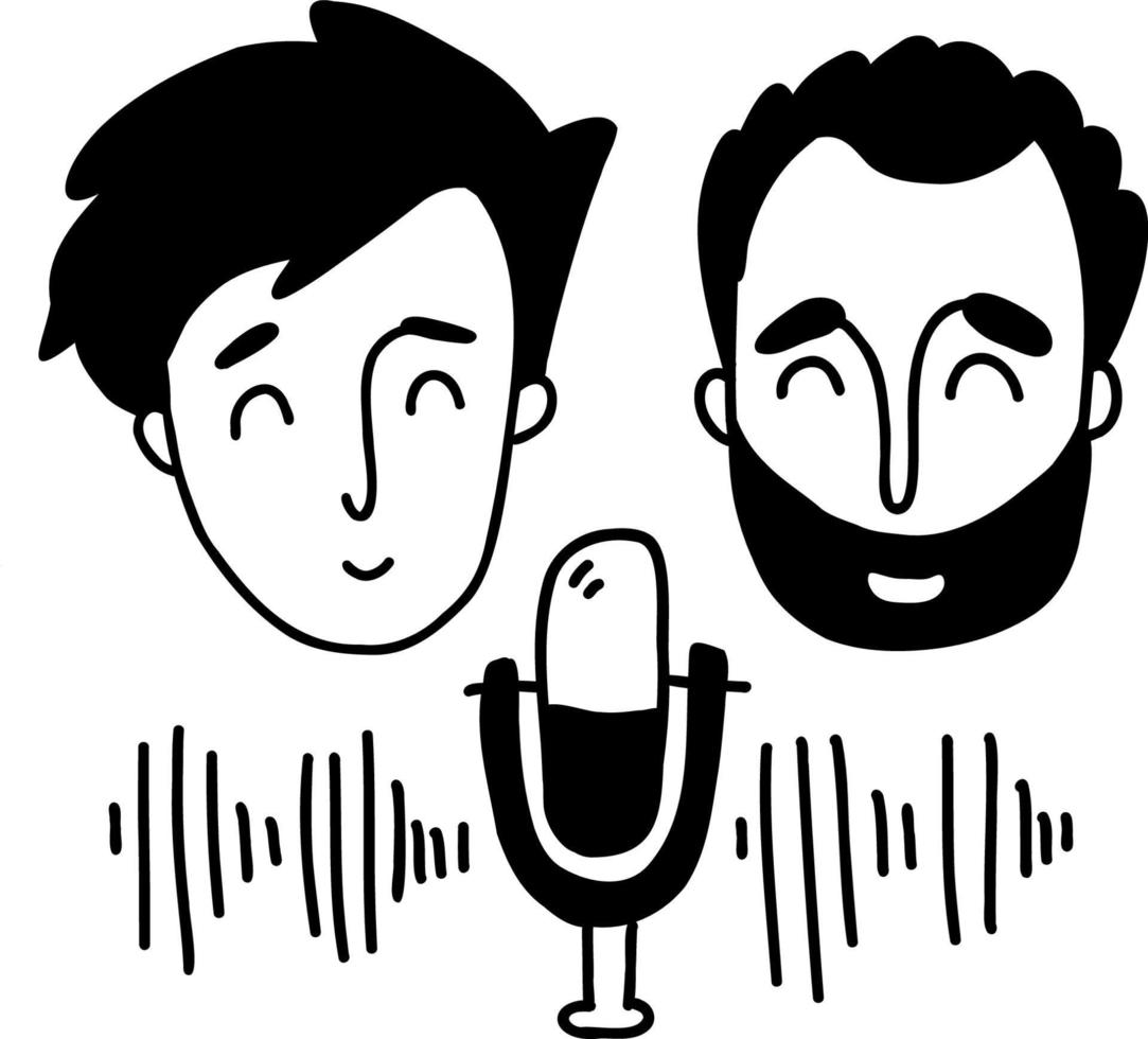 odcast  concept. podcaster and guest in studio speaks into microphone. Vector illustration