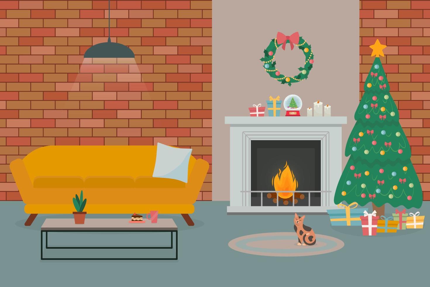 Cozy new year decorated of the loft-style living room interior with christmas tree, fireplace and couch. Flat style Vector illustration.