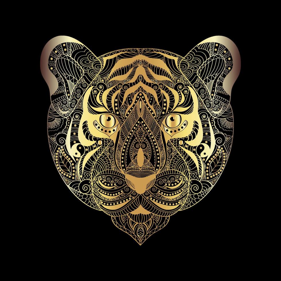 Tiger face gold tattoo, on black background. Vector illustration