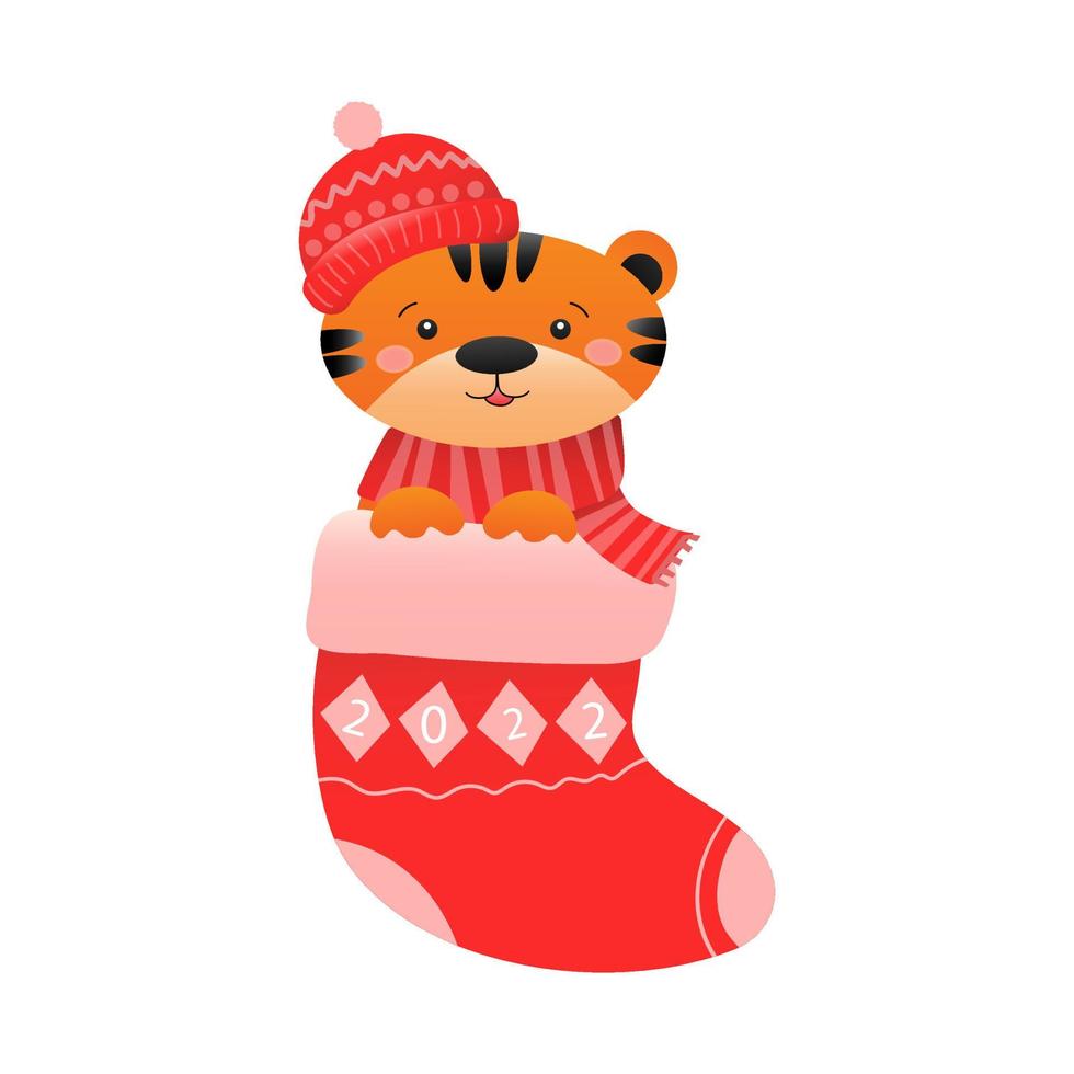 A cute tiger in a winter hat and scarf, sitting in a Christmas sock. Christmas and New Year concept. vector