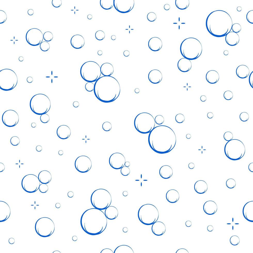 Cartoon soap bubbles seamless pattern. Effervescent oxygen bubbles, bath suds, fizzy soda or drink. Hand drawn vector illustration