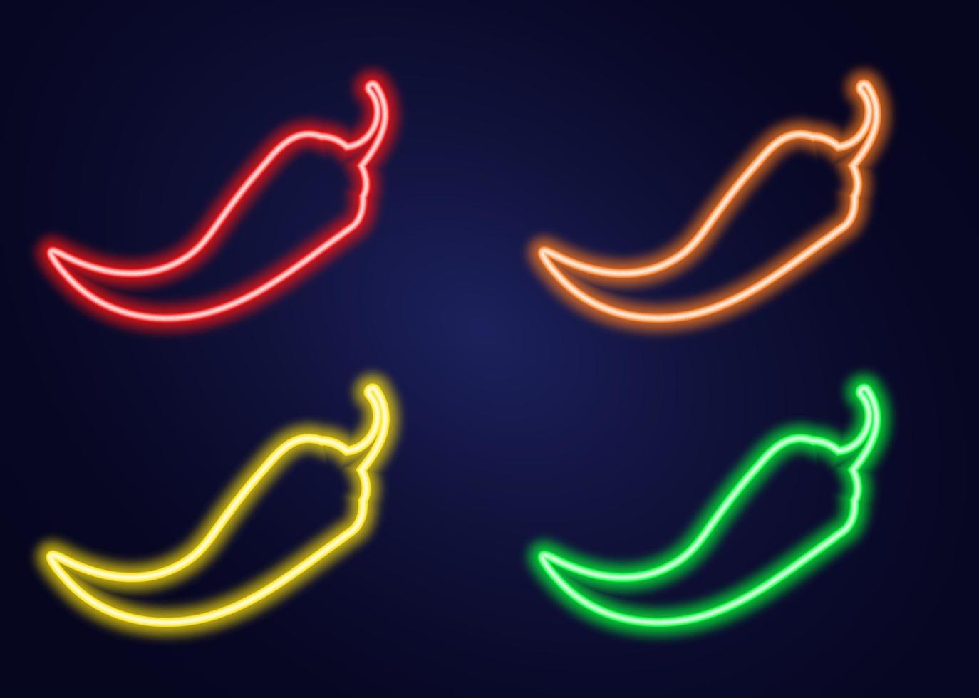 Neon icon set chilli pepper. Signboard with hot burning pepper. Spice Levels vector illustration. Night bright signs.