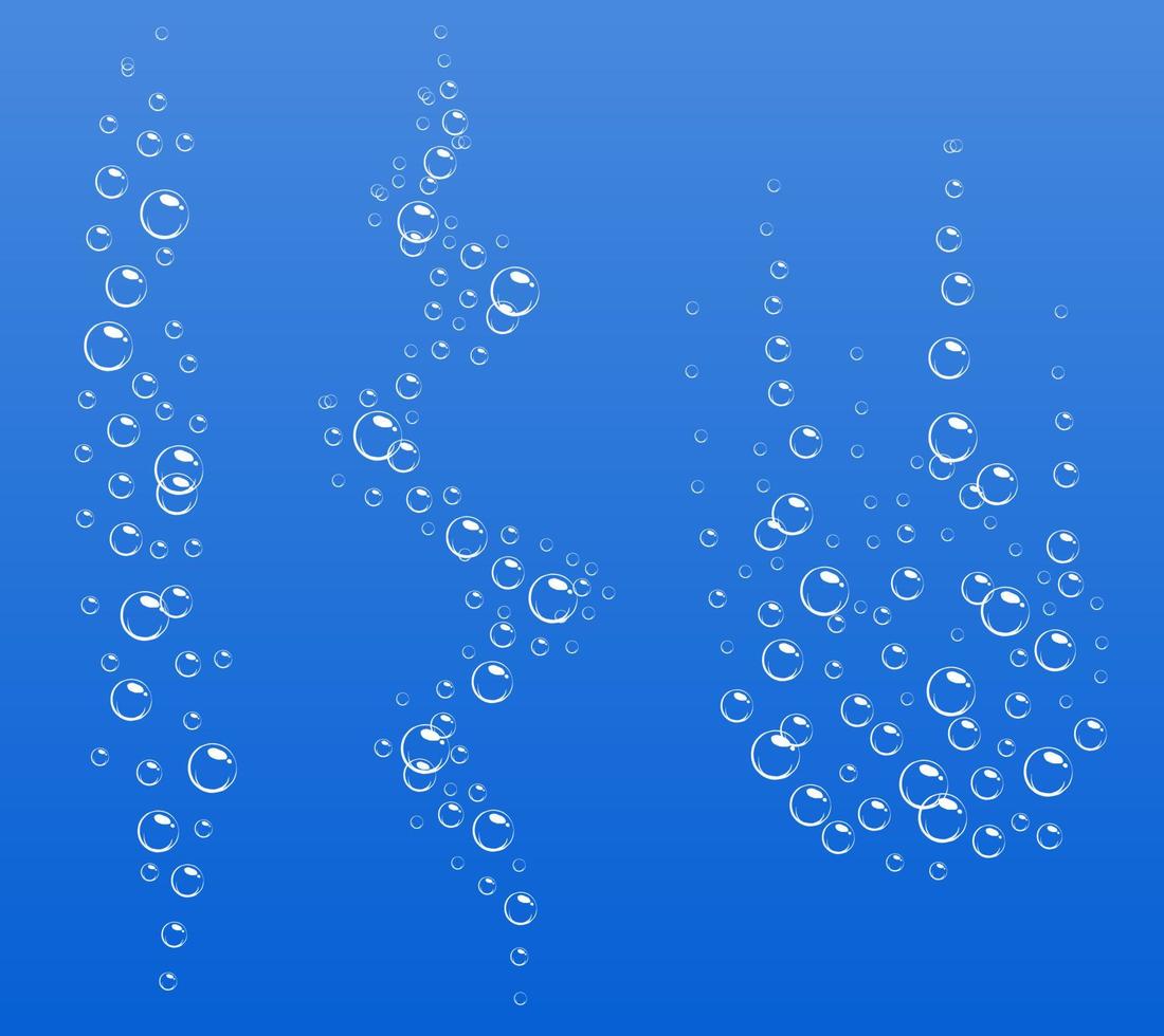 flujo burbujeante de dibujos animados de burbujas de aire bajo el agua en agua, refrescos, mar. burbujas de espuma ilustración vectorial sobre fondo azul. vector