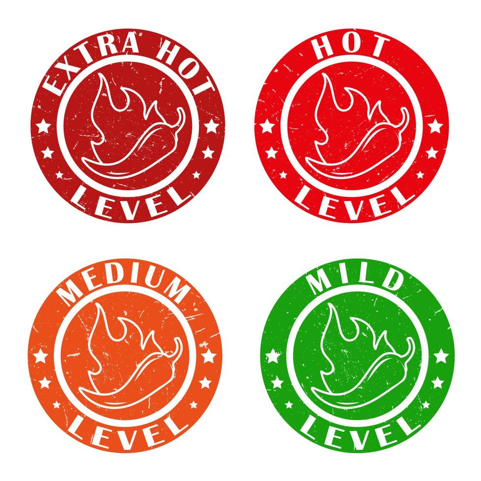 Icons with Chili Pepper Spice Levels. Hot pepper stamps with fire flame for packing spicy food. Mild, medium and extra hot pepper sauce stickers. Vector illustration