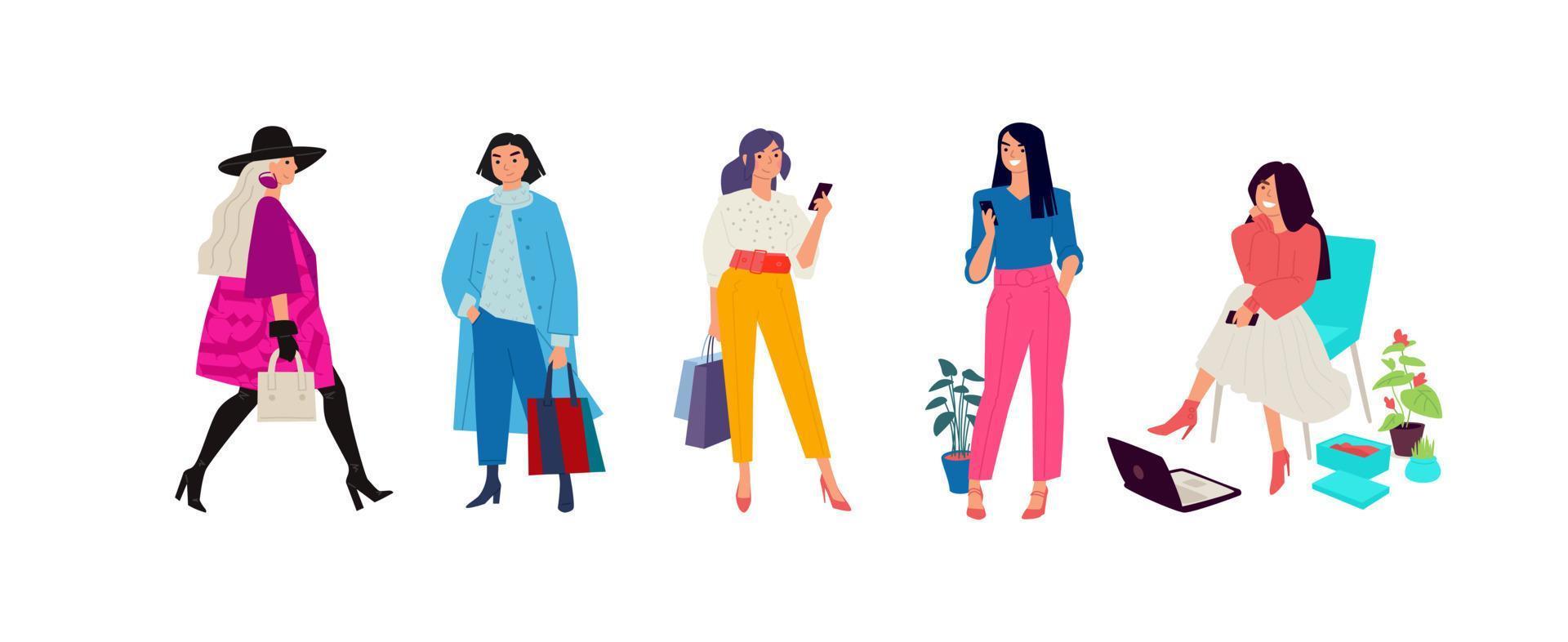 Illustration of fashionable girls in bright clothes. Vector. Women go about their business. Casual style of dress. Flat style. Image is isolated on a white background. vector