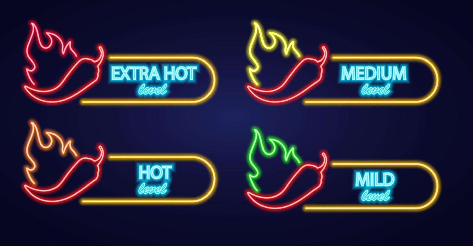 Neon icon set chilli with fire. Signboard with hot burning pepper. Spice Levels vector illustration. Night bright signs.
