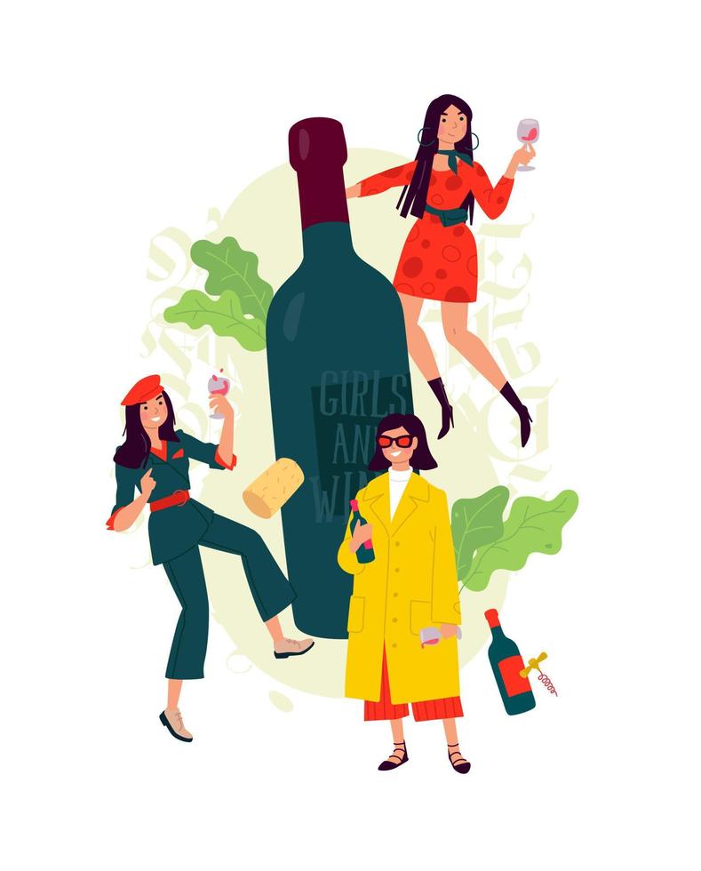 Illustration of girls with a glass of wine around the bottle. Vector. Women celebrate the holiday, have fun and relax. Party all night March 8th. Slightly drunken ladies, without complexes. vector