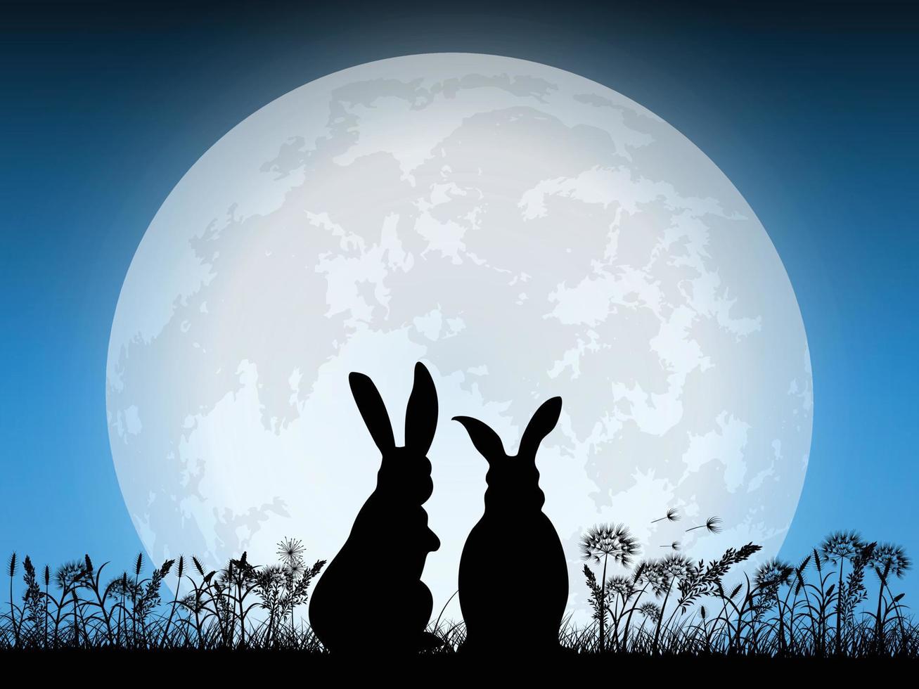 rabbits and full moon vector