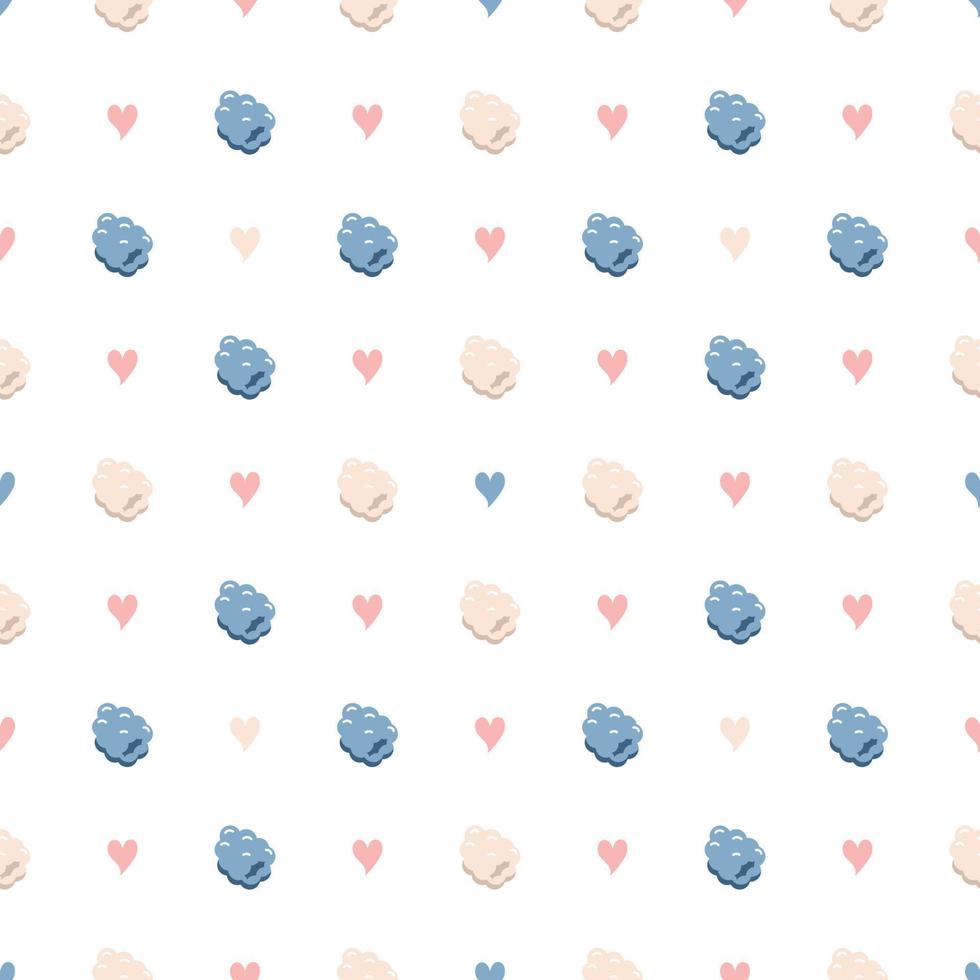 Seamless pattern with raspberries and hearts. Cute print of summer or spring berries. Delicate holiday decoration for textiles, wrapping paper and design. Vector flat illustration