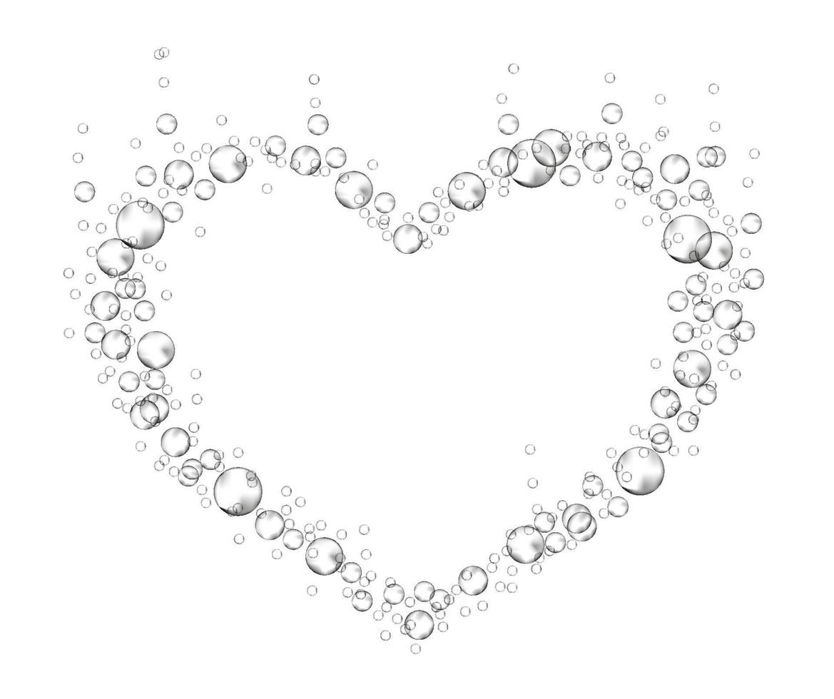Effervescent bubbles frame in the form of heart. Soap foam isolated on white background. Realistic vector illustration. Valentine and love symbol