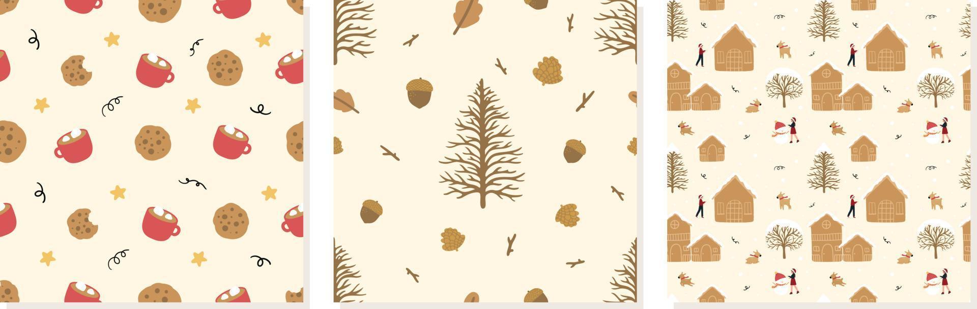 Set of Organic hand drawn christmas seamless pattern vector illustration