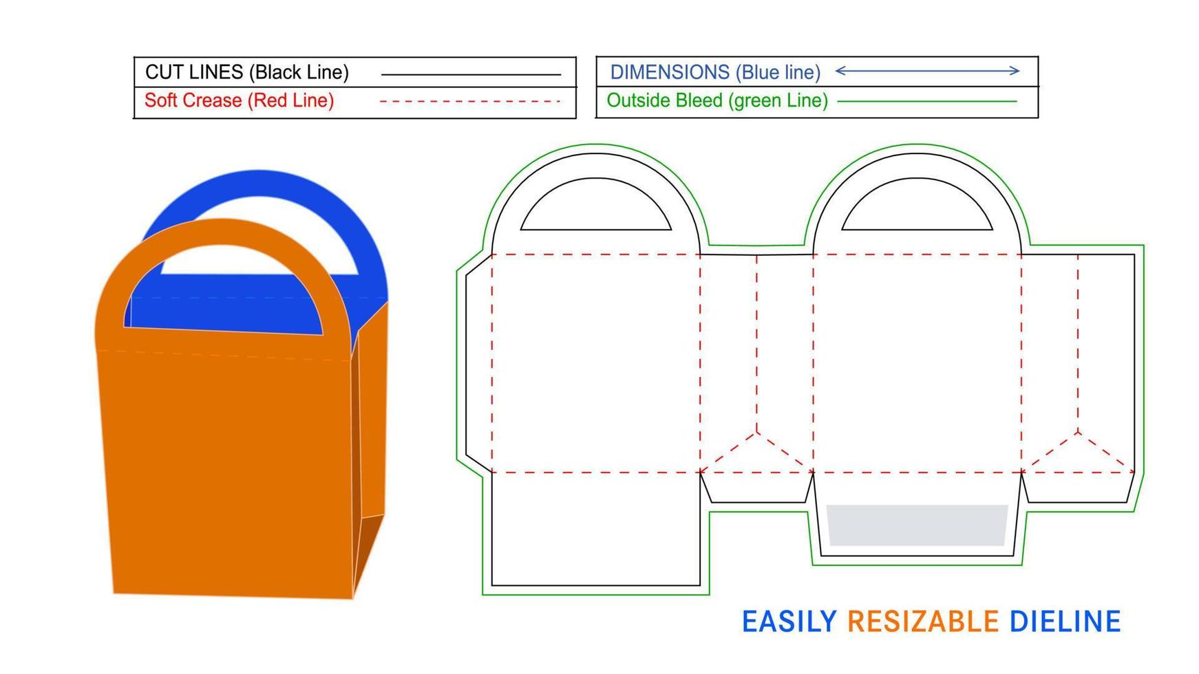 Paper shoping box with rounded handle, paper bag style box dieline and 3D vector file