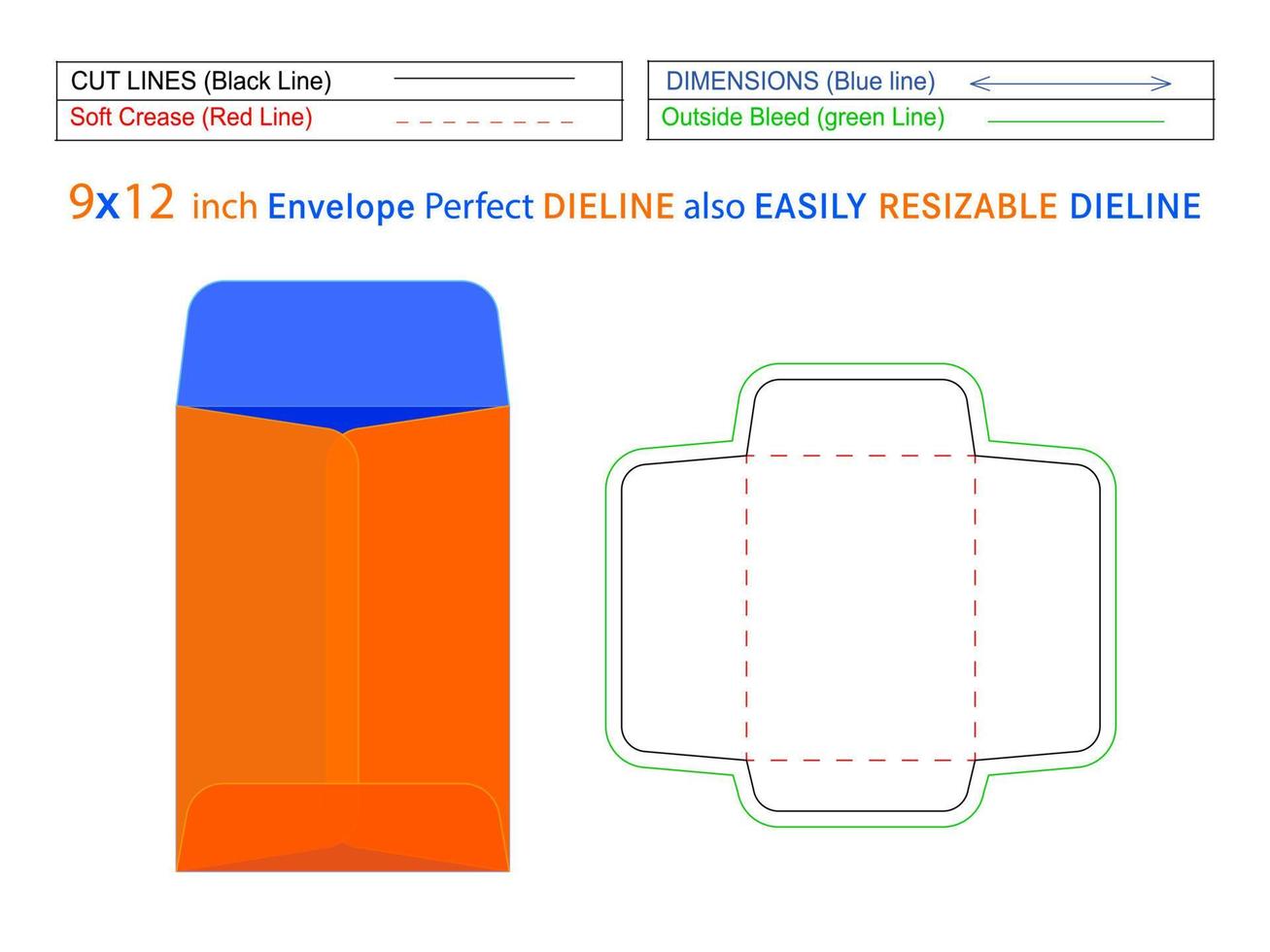 Catalog envelope or policy open end envelope 9x12 inch dieline template and 3D envelope editable easily resizable vector