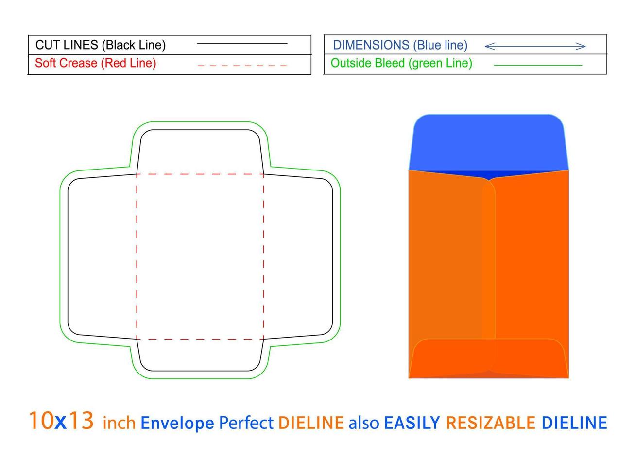 Policy open end envelope or Catalog envelope 10x13 inch dieline template and 3D envelope editable easily resizable vector