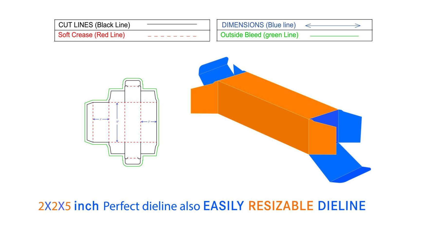 Custom Straight tuck end box packaging 2x2x5 inch Dieline template and 3D vector file