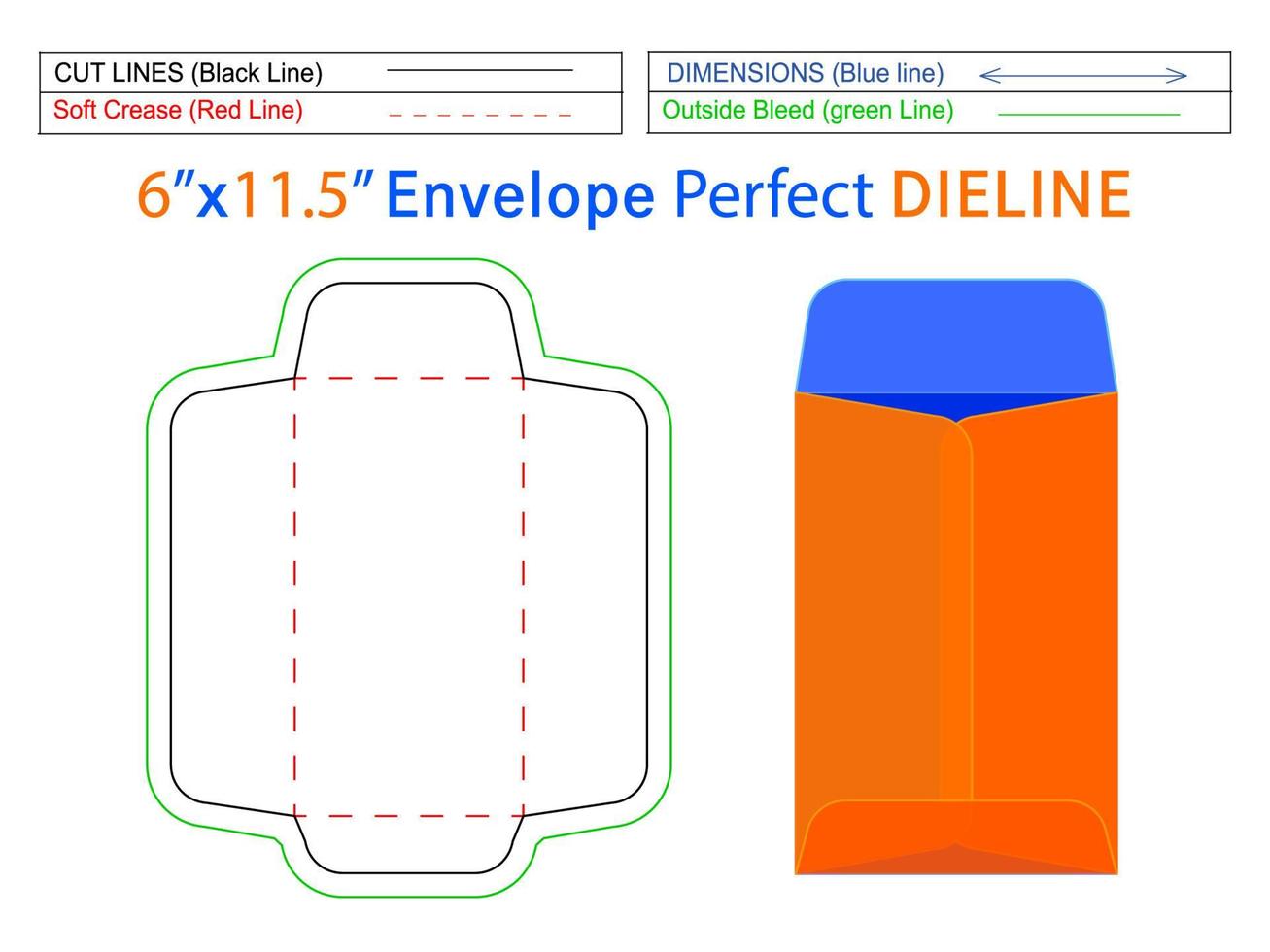 Packaging open end envelope or Catalog envelope 6x11.5 inch dieline template and 3D envelope editable easily resizable vector